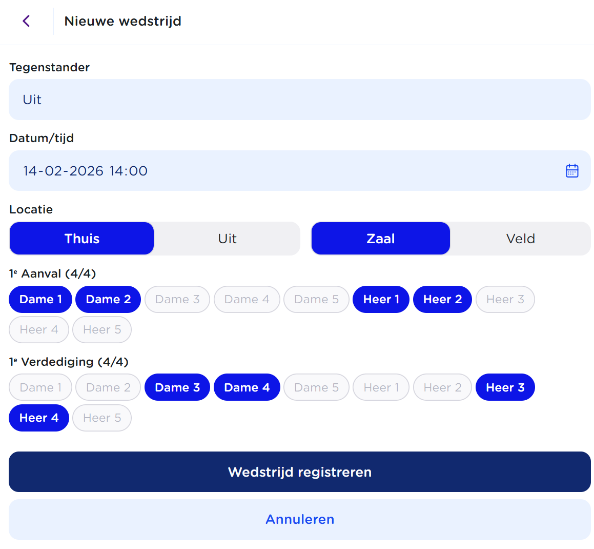 Formulier met acties om een wedstrijd aan te maken
